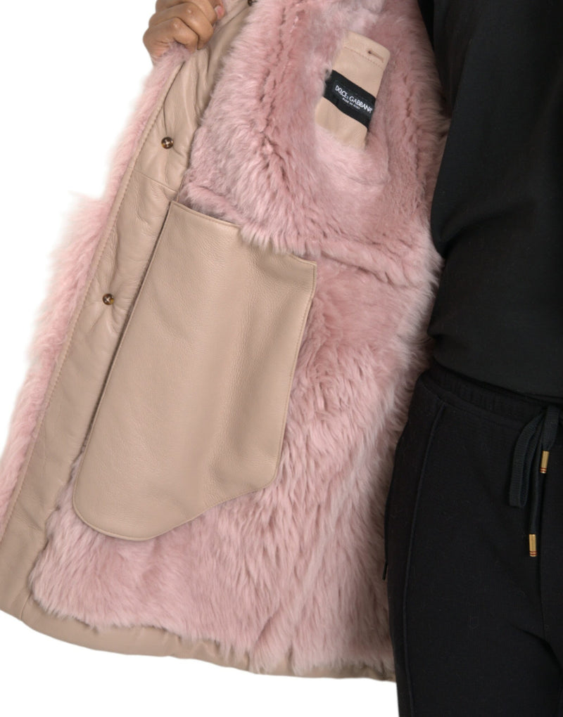 Veste de manteau de shearling en cuir d'agneau rose beige