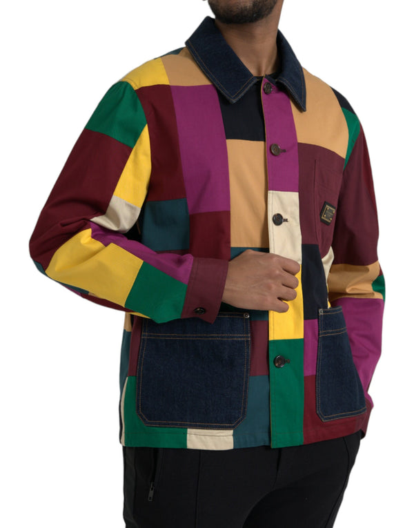 Multicolor Patchwork Cotton Collared Jacket