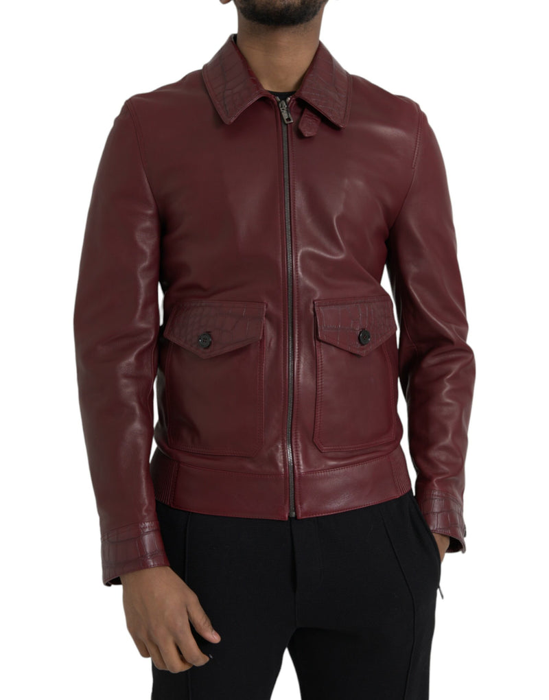 Maroon Exotic Leder Reißverschluss Biker -Manteljacke