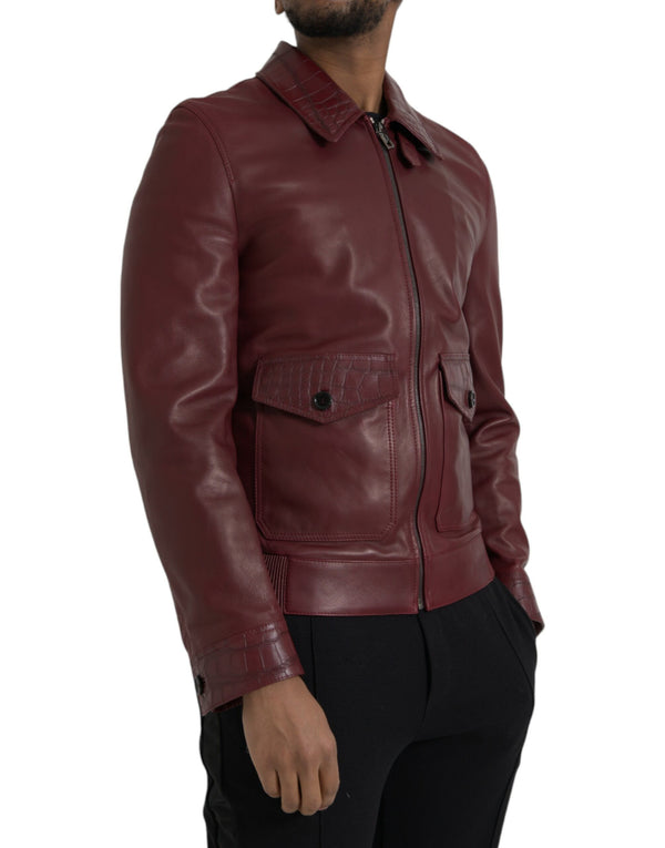 Maroon Exotic Leder Reißverschluss Biker -Manteljacke