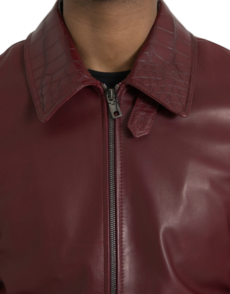 Maroon Exotic Leder Reißverschluss Biker -Manteljacke