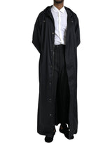 Black Polyester Hooded Long Windbreaker Jacket