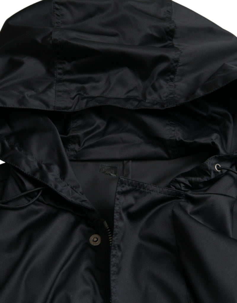 Chaqueta de viento largo con capucha de poliéster negro