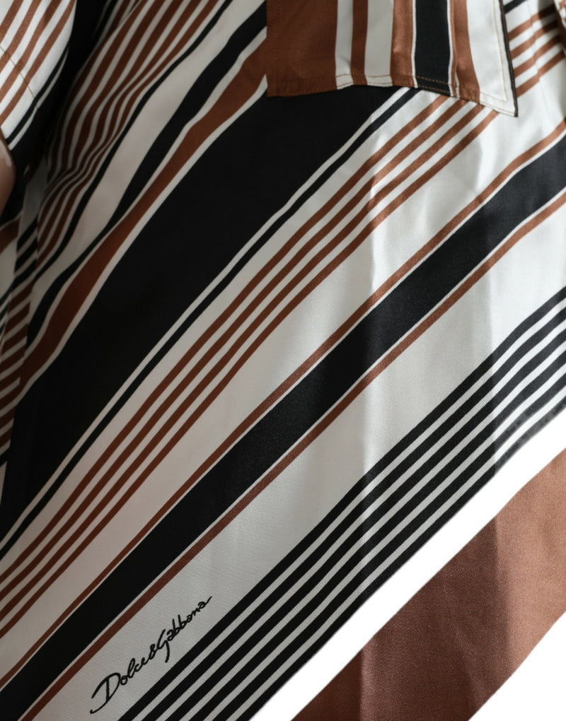 Brown White Silk Striped Short Sleeve Shirt