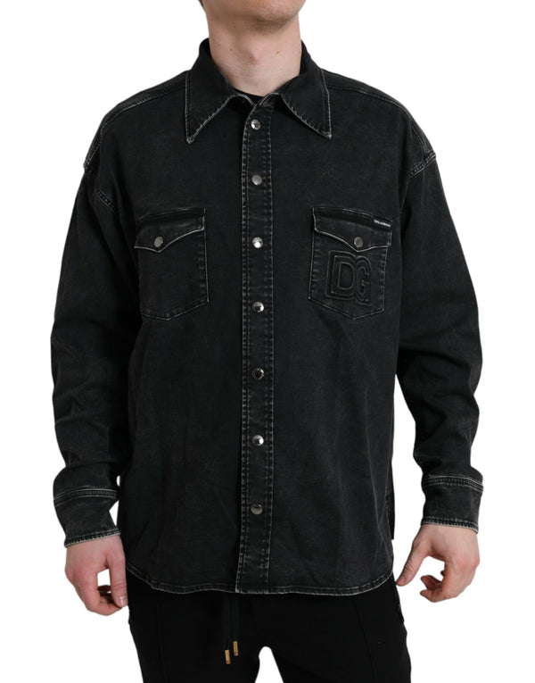 Schwarzes Baumwoll -Langarm -Denim -Casual -Shirt