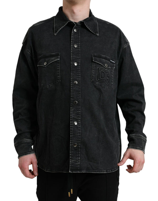 Schwarzes Baumwoll -Langarm -Denim -Casual -Shirt