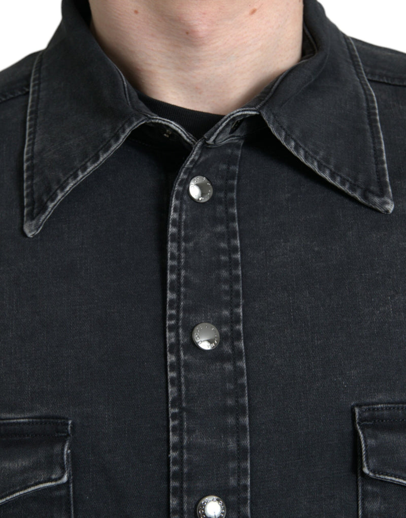 Schwarzes Baumwoll -Langarm -Denim -Casual -Shirt