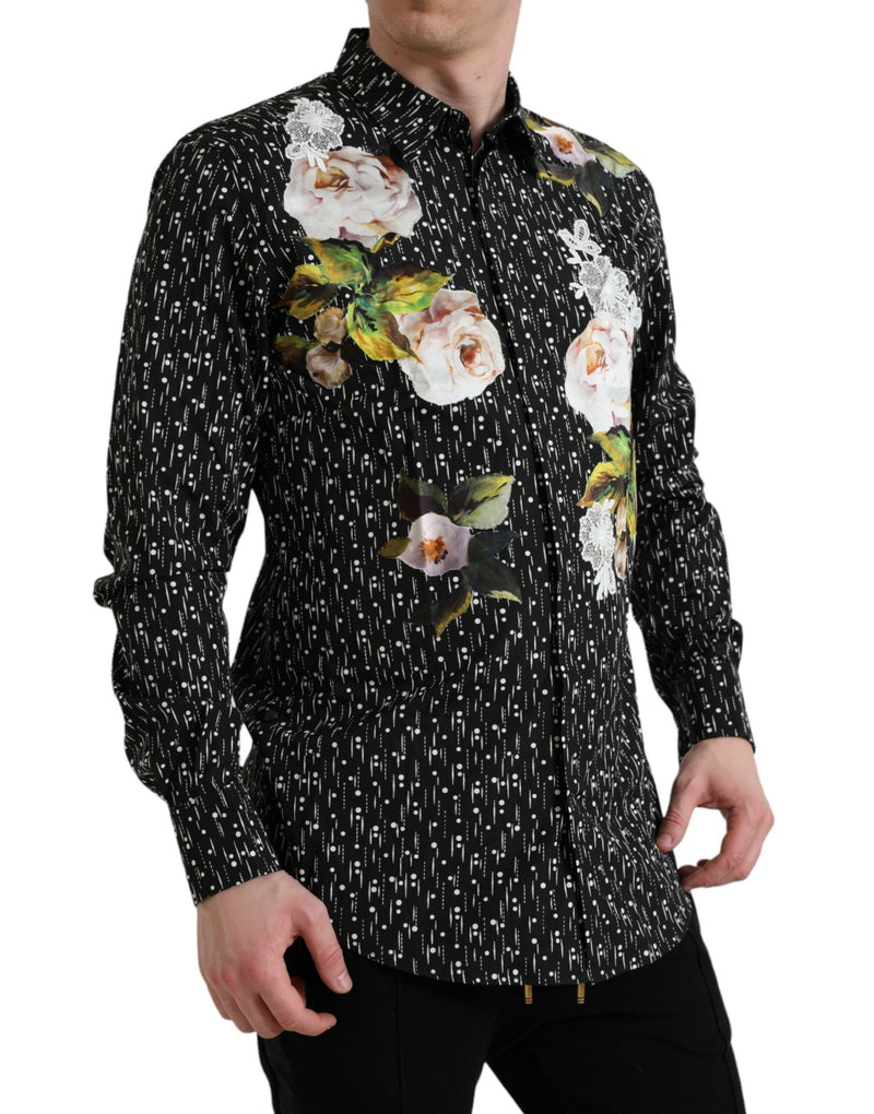 Black Floral Men Robe Formal Shirt Gold