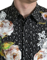 Black Floral Men Robe Formal Shirt Gold