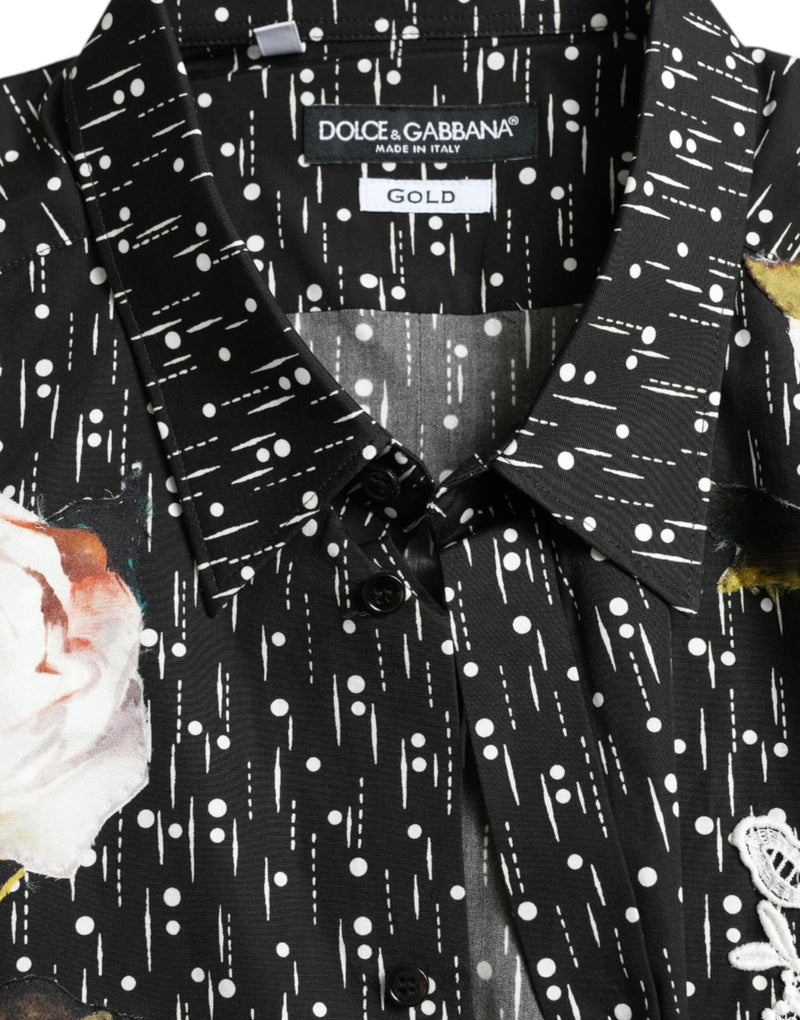 Black Floral Men Robe Formal Shirt Gold