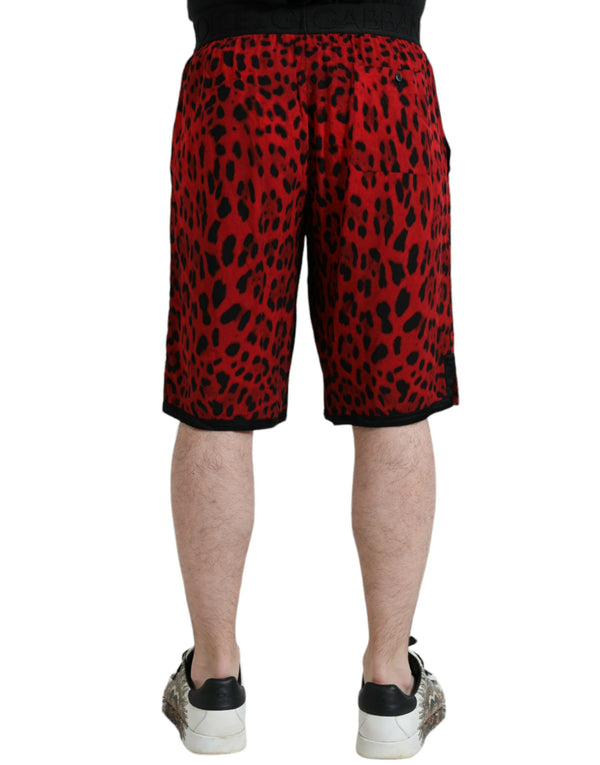 Red Leopard Print Viskose Bermuda Shorts