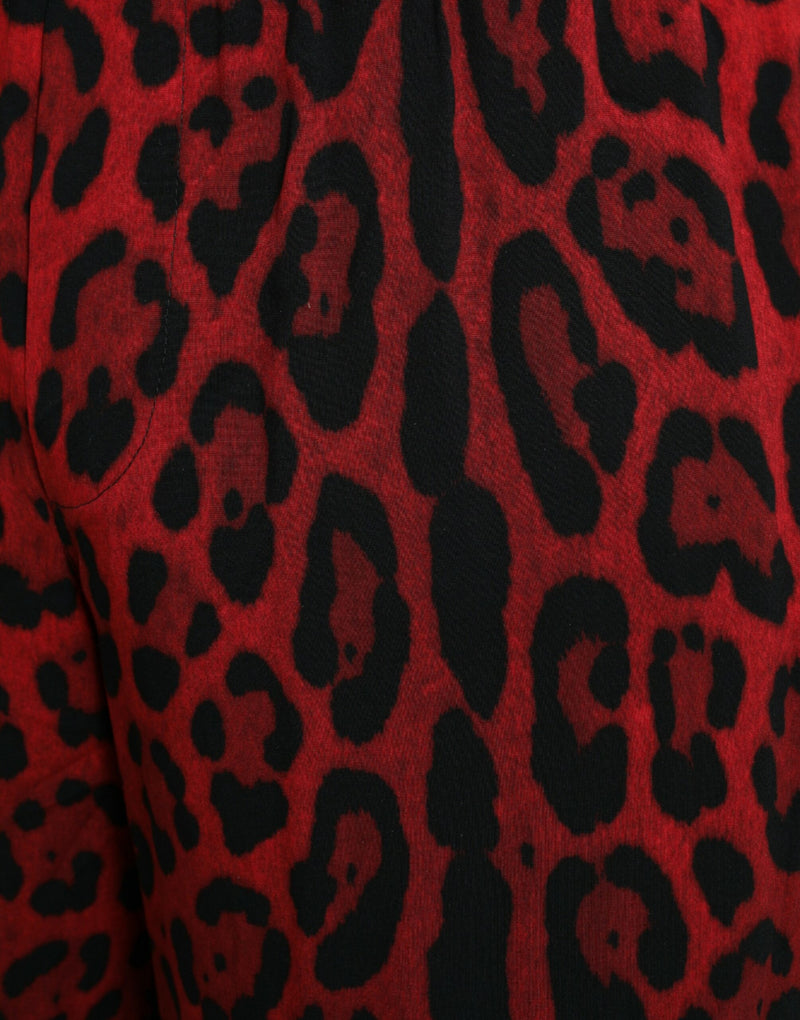 Red Leopard Print Viskose Bermuda Shorts