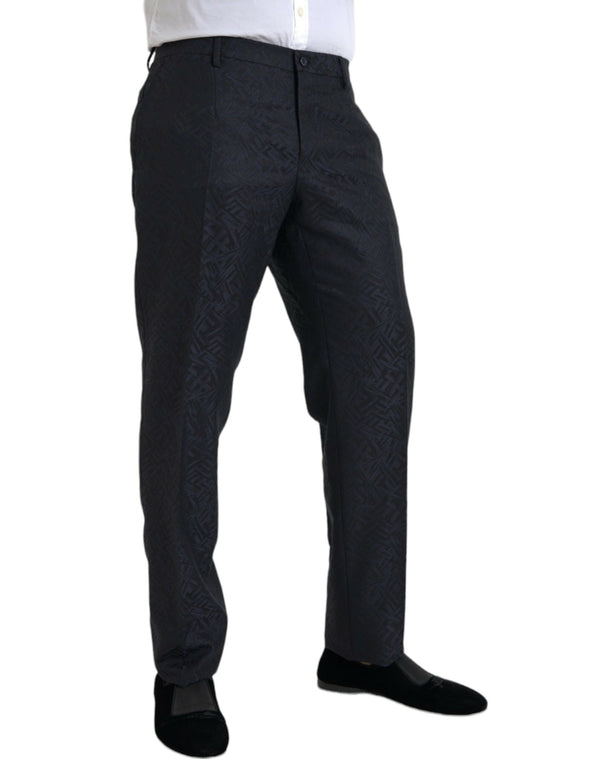 Blue Brocade Wool Skinny Men Dress Pants