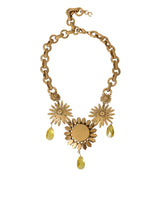 Gold Tone Brass Sunflower Crystal Embellished Necklace