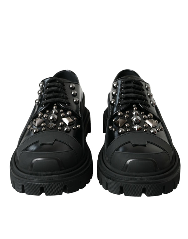 Black Leather Studded Trekking Sneakers Shoes