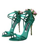 Grüne Blumen Satin -Absätze Sandalen Schuhe