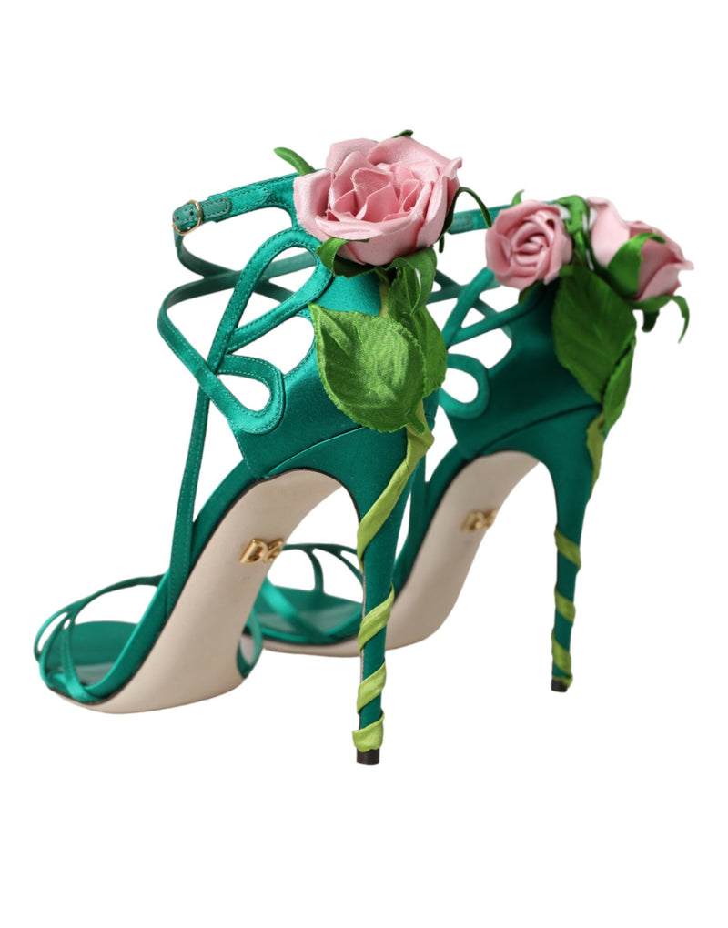 Grüne Blumen Satin -Absätze Sandalen Schuhe