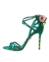 Grüne Blumen Satin -Absätze Sandalen Schuhe