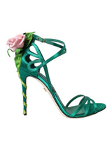 Grüne Blumen Satin -Absätze Sandalen Schuhe