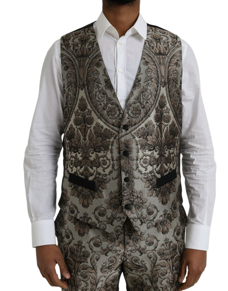 Brown Floral Jacquard Formal 3 τεμάχιο κοστούμι