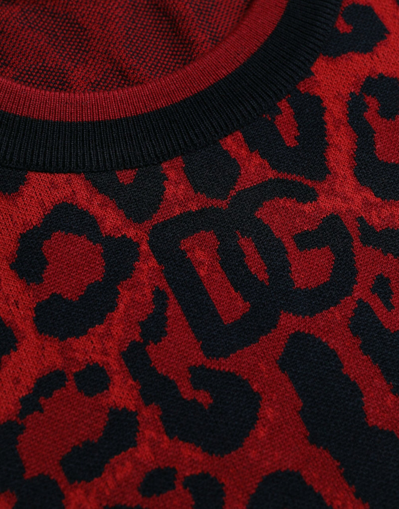 Red Leopard Wool Crew Neck Pullover Sweater