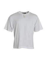 T-shirt a collo di cotone abbellito bianco