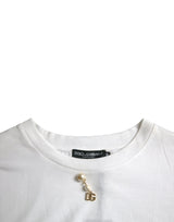 T-shirt a collo di cotone abbellito bianco