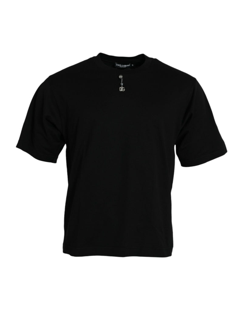 T-shirt a collo di cotone abbellito nero