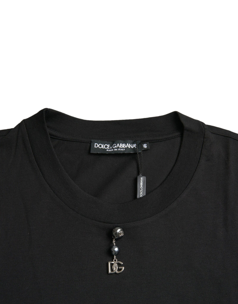 Camiseta de cuello de algodón negro adornado