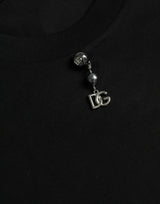 T-shirt a collo di cotone abbellito nero