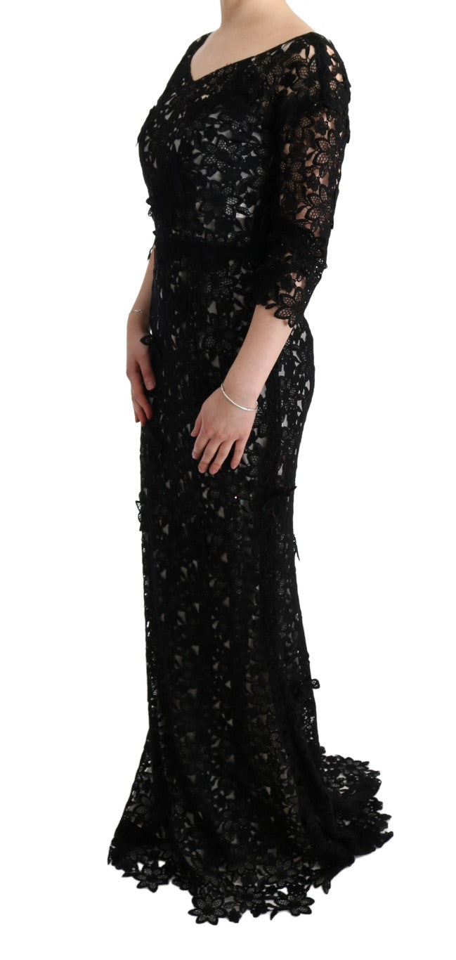 Elegante abito maxi nero con applique floreale