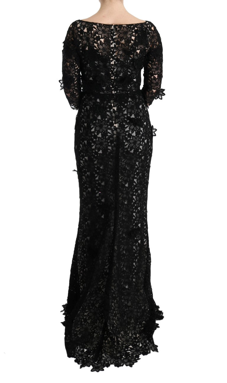 Elegante abito maxi nero con applique floreale