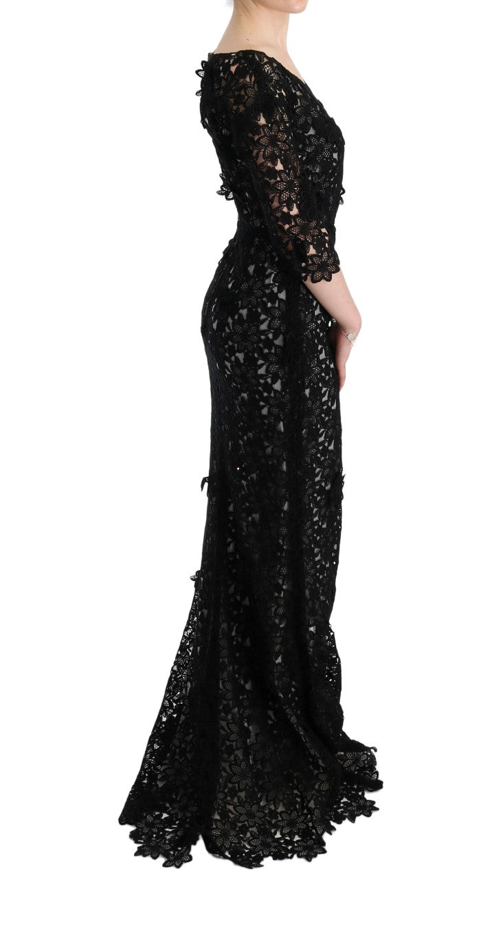 Elegante abito maxi nero con applique floreale