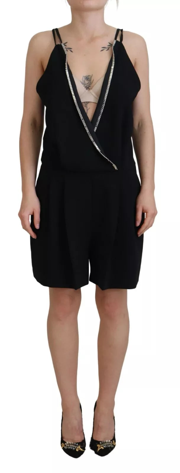 Μαύρο διακοσμημένο αμάνικο φόρεμα jumpsuit v-neck