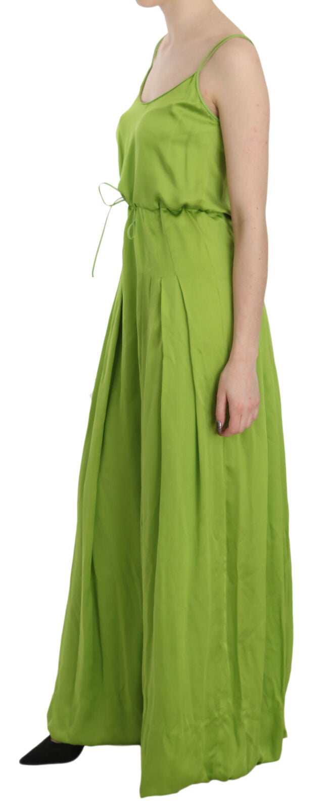 Sangle de spaghetti verte longue robe plissée A-Line