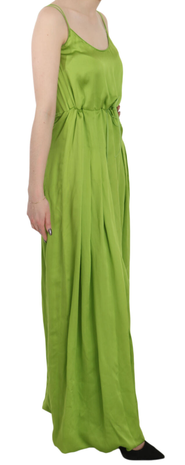 Sangle de spaghetti verte longue robe plissée A-Line