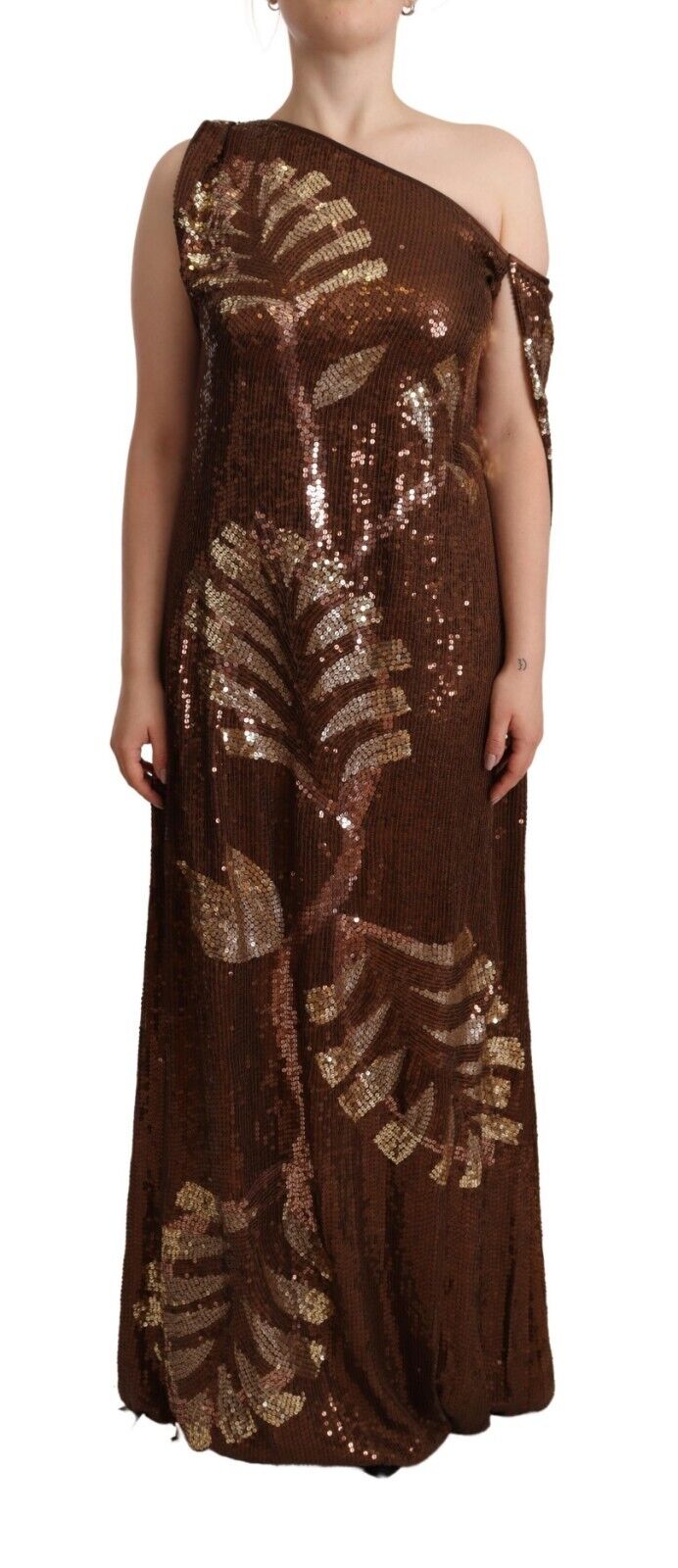 Robe longue à paillettes à feuilles brunes une longue épaule