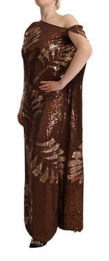 Brown Leaf Sequined Shift One Shoulder Long Dress