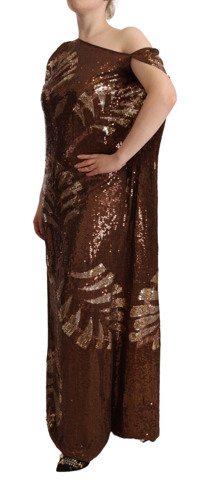 Brown Leaf Sequined Shift Ένα φόρεμα μακρού ώμου