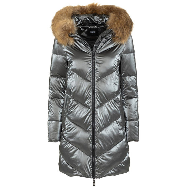 Elegante lange Down-Jacke mit Öko-Fur-Kapuze