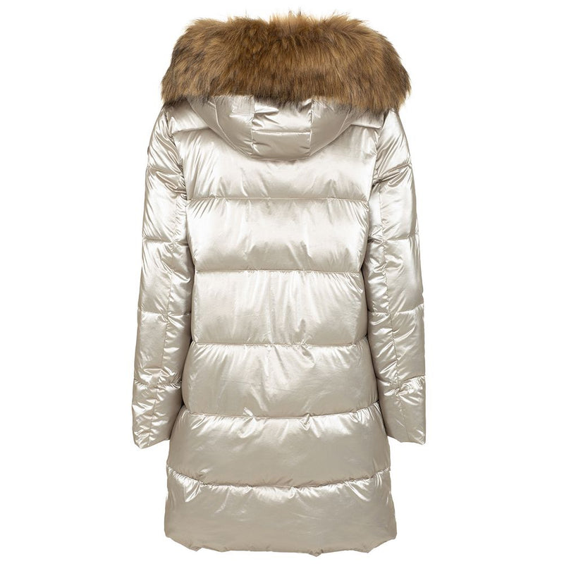 Chic Grey Eco-Fur Trimd Long Down Jacket