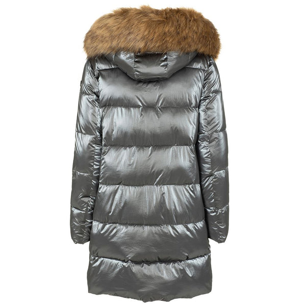 Elegante lange Down-Jacke mit Öko-Fur-Kapuze