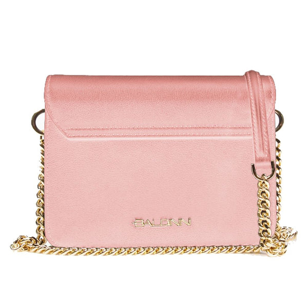 Elegante bolso de piel de pantorrilla rosa con correa de cadena