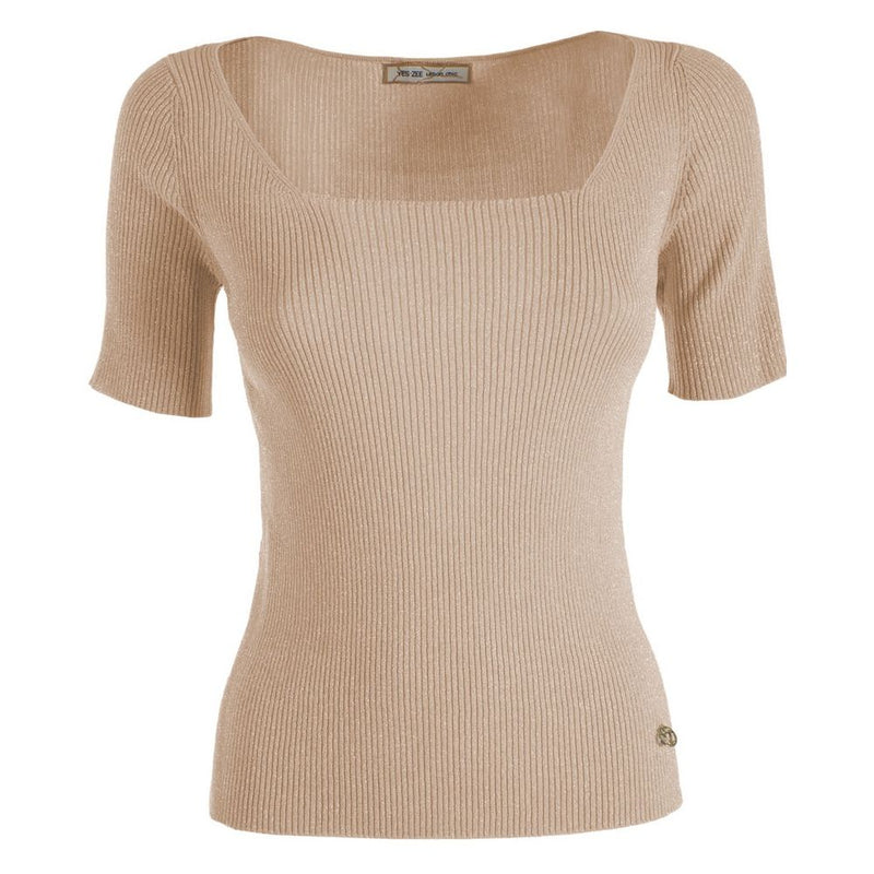 Chic Beige Rib-knit Short Sleeve Top