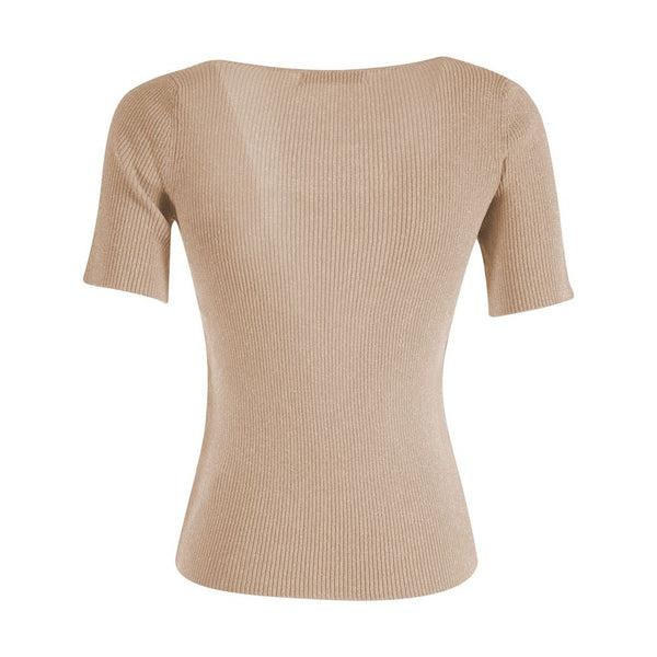 Chic Beige Rib-knit Short Sleeve Top