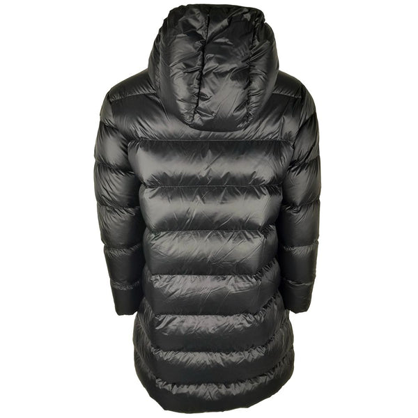 Schlanke schwarze Nylon -Down -Jacke mit Kapuze