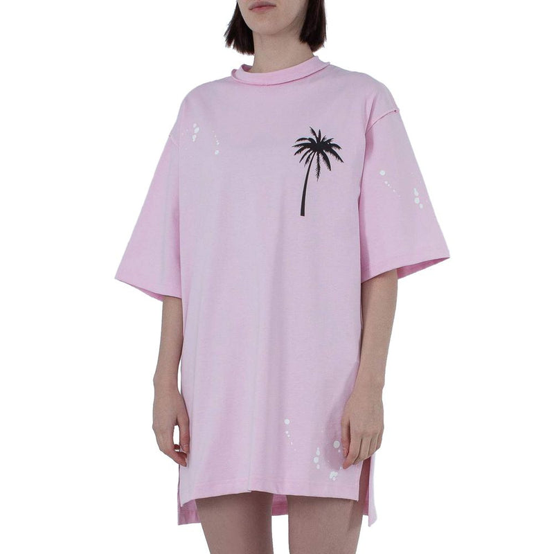 Chic Pink Cotton T-Shirt Dress with Unique Print