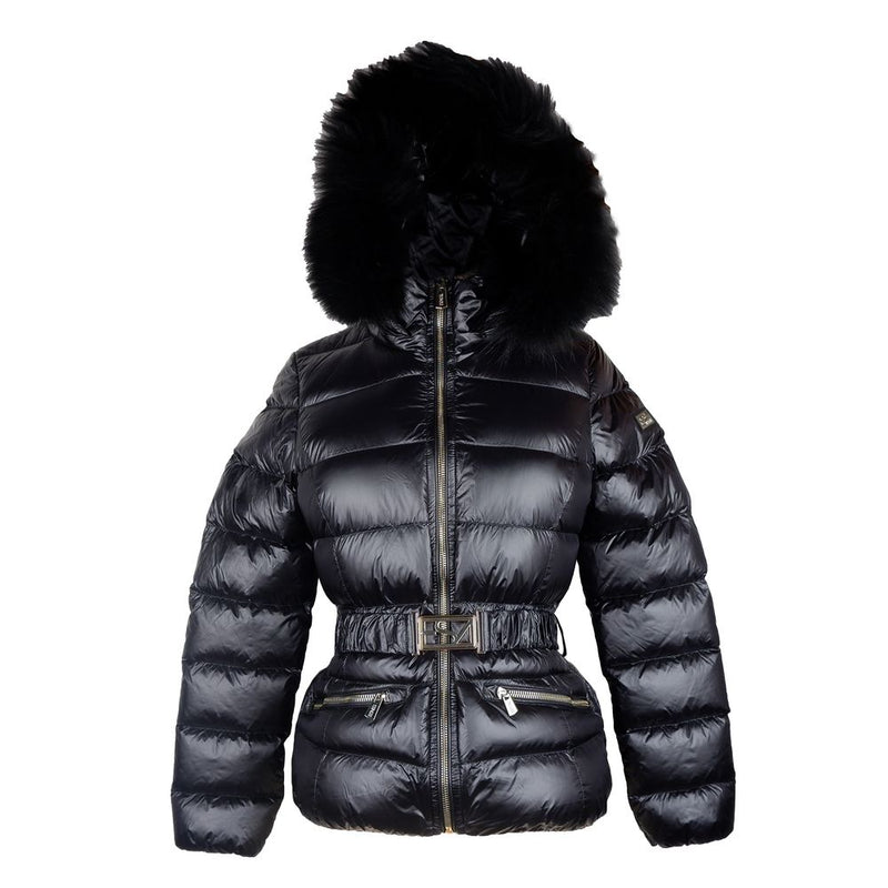 Elegante schwarze Nylonjacke mit Murbeitfell