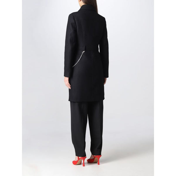 Elegant Black Wool Coat with Silver Chain Detail