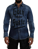 Chemise en jean à imprimé de surfeur goth lavé bleu